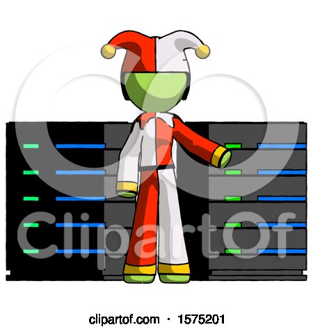 Green Jester Joker Man with Server Racks, in Front of Two Networked Systems by Leo Blanchette