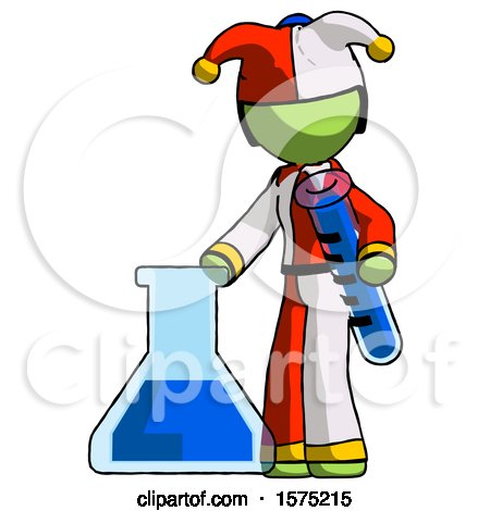 Green Jester Joker Man Holding Test Tube Beside Beaker or Flask by Leo Blanchette