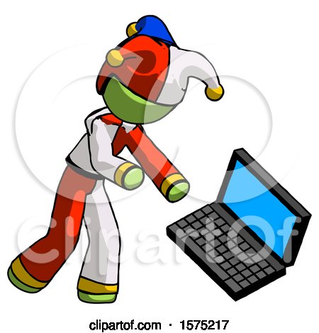 Green Jester Joker Man Throwing Laptop Computer in Frustration by Leo Blanchette