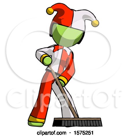 Green Jester Joker Man Cleaning Services Janitor Sweeping Floor with Push Broom by Leo Blanchette