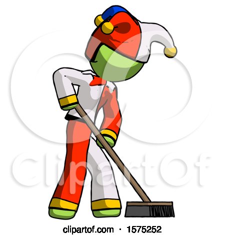 Green Jester Joker Man Cleaning Services Janitor Sweeping Side View by Leo Blanchette