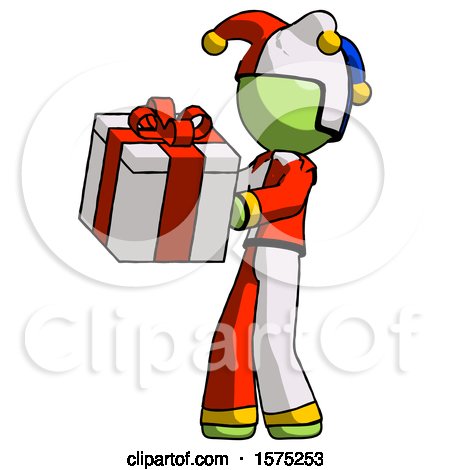 Green Jester Joker Man Presenting a Present with Large Red Bow on It by Leo Blanchette