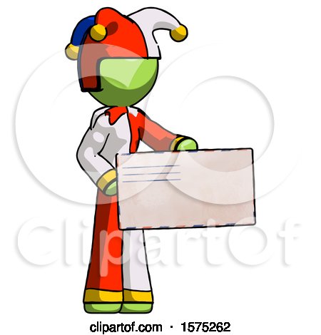 Green Jester Joker Man Presenting Large Envelope by Leo Blanchette