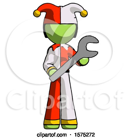 Green Jester Joker Man Holding Large Wrench with Both Hands by Leo Blanchette