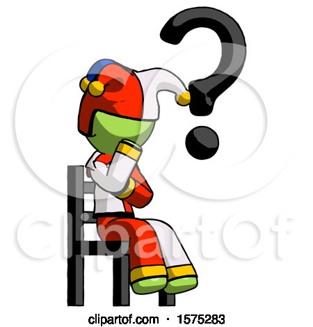 Green Jester Joker Man Question Mark Concept, Sitting on Chair Thinking by Leo Blanchette
