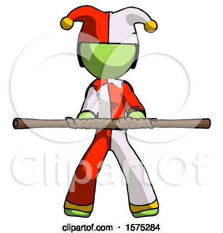 Green Jester Joker Man Bo Staff Kung Fu Defense Pose by Leo Blanchette