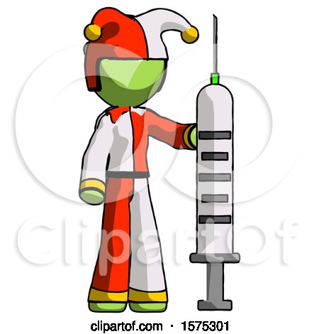 Green Jester Joker Man Holding Large Syringe by Leo Blanchette