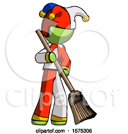 Green Jester Joker Man Sweeping Area with Broom by Leo Blanchette