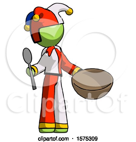 Green Jester Joker Man with Empty Bowl and Spoon Ready to Make Something by Leo Blanchette