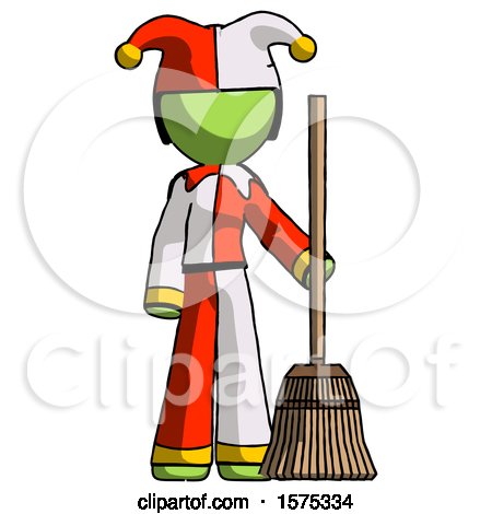 Green Jester Joker Man Standing with Broom Cleaning Services by Leo Blanchette