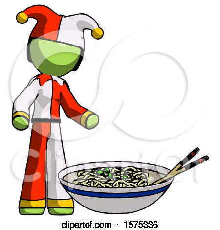 Green Jester Joker Man and Noodle Bowl, Giant Soup Restaraunt Concept by Leo Blanchette