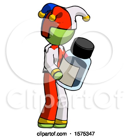 Green Jester Joker Man Holding Glass Medicine Bottle by Leo Blanchette