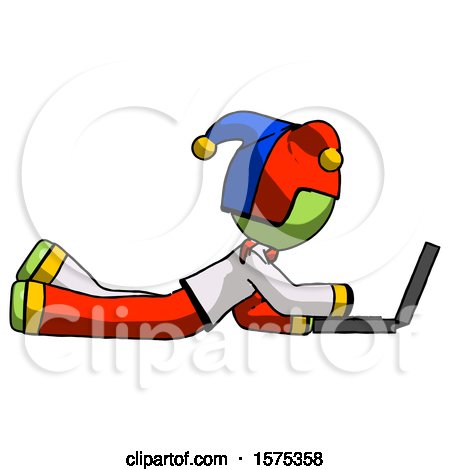 Green Jester Joker Man Using Laptop Computer While Lying on Floor Side View by Leo Blanchette
