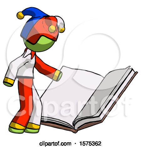Green Jester Joker Man Reading Big Book While Standing Beside It by Leo Blanchette