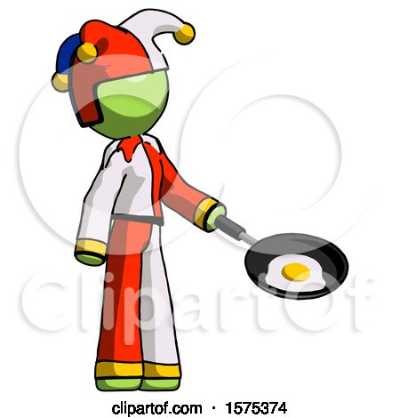 Green Jester Joker Man Frying Egg in Pan or Wok Facing Right by Leo Blanchette