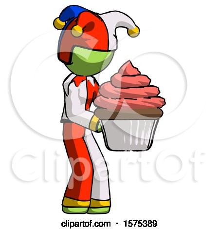Green Jester Joker Man Holding Large Cupcake Ready to Eat or Serve by Leo Blanchette