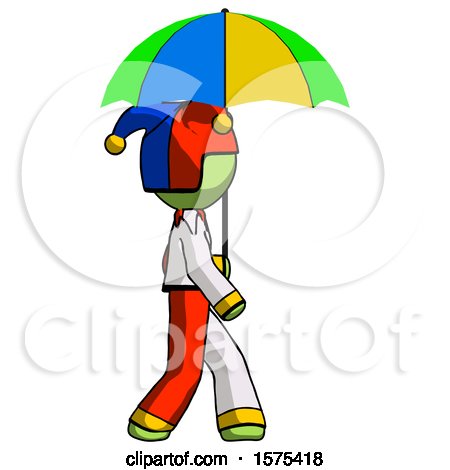 Green Jester Joker Man Walking with Colored Umbrella by Leo Blanchette