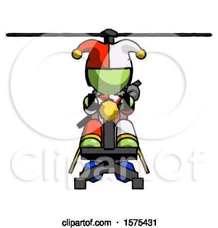 Green Jester Joker Man Flying in Gyrocopter Front View by Leo Blanchette