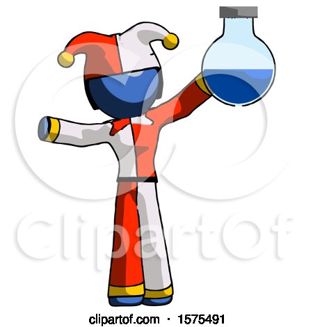Blue Jester Joker Man Holding Large Round Flask or Beaker by Leo Blanchette