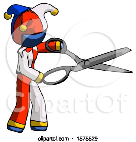 Blue Jester Joker Man Holding Giant Scissors Cutting out Something by Leo Blanchette