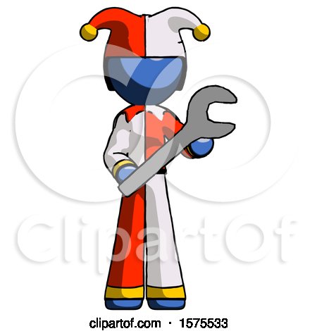 Blue Jester Joker Man Holding Large Wrench with Both Hands by Leo Blanchette