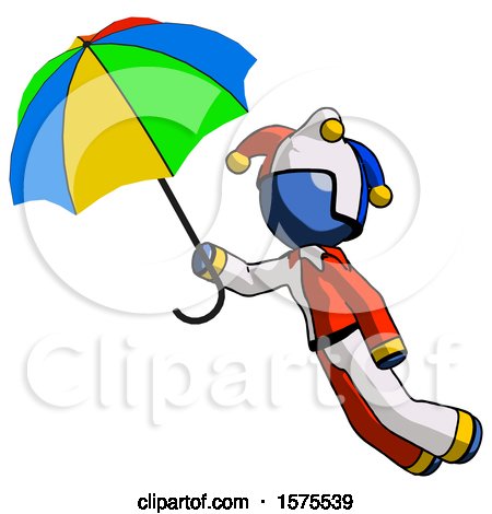 Blue Jester Joker Man Flying with Rainbow Colored Umbrella by Leo Blanchette