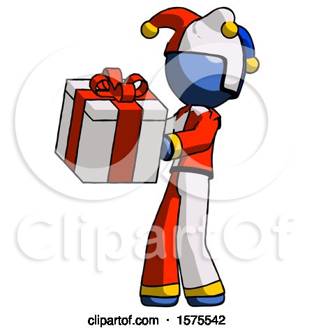 Blue Jester Joker Man Presenting a Present with Large Red Bow on It by Leo Blanchette