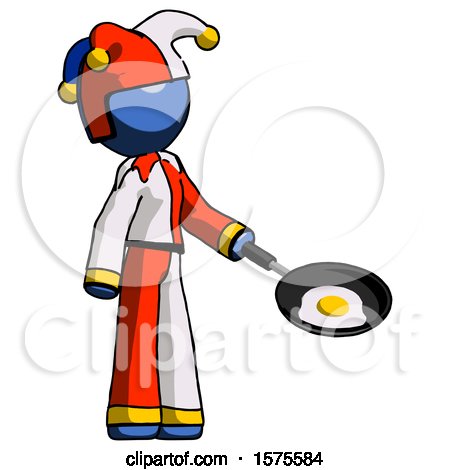 Blue Jester Joker Man Frying Egg in Pan or Wok Facing Right by Leo Blanchette
