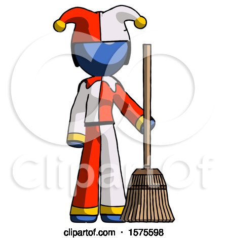 Blue Jester Joker Man Standing with Broom Cleaning Services by Leo Blanchette