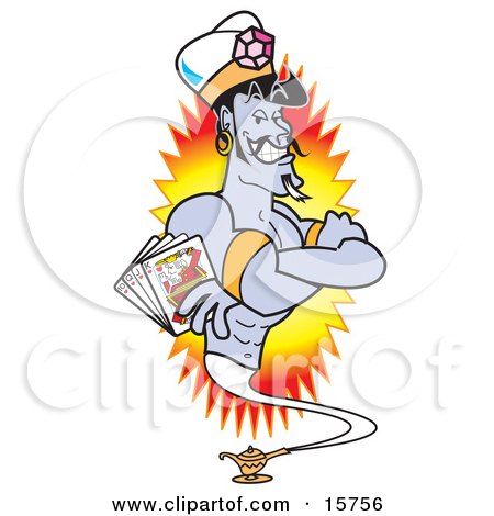 Male Genie In A Casino, Holding Playing Cards Clipart Illustration by Andy Nortnik