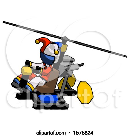 Blue Jester Joker Man Flying in Gyrocopter Front Side Angle Top View by Leo Blanchette