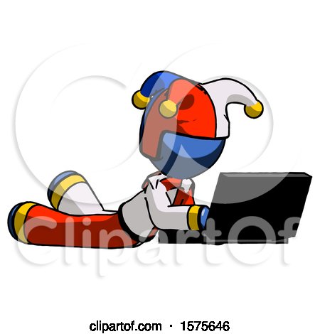 Blue Jester Joker Man Using Laptop Computer While Lying on Floor Side Angled View by Leo Blanchette