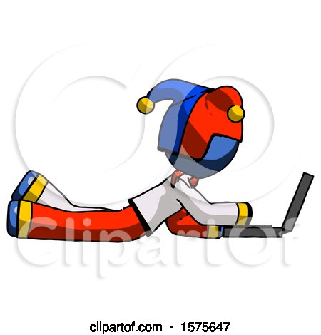 Blue Jester Joker Man Using Laptop Computer While Lying on Floor Side View by Leo Blanchette