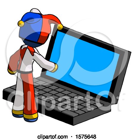 Blue Jester Joker Man Using Large Laptop Computer by Leo Blanchette