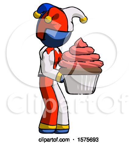 Blue Jester Joker Man Holding Large Cupcake Ready to Eat or Serve by Leo Blanchette