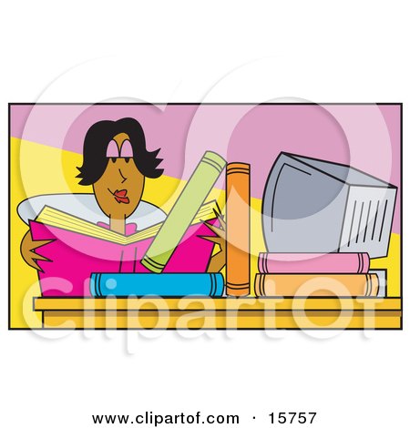 Relaxed Smart African American Woman Sitting At A Computer Desk And Reading Books Clipart Illustration by Andy Nortnik