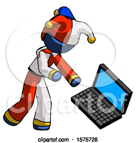 Blue Jester Joker Man Throwing Laptop Computer in Frustration by Leo Blanchette