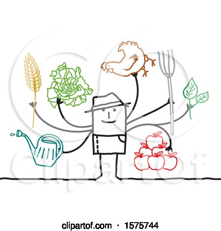 Clipart of a Stick Man Farmer with Gardening Tools, a Chicken and Produce - Royalty Free Vector Illustration by NL shop