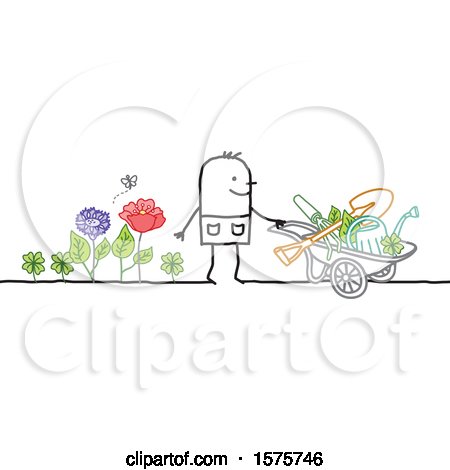 Clipart of a Stick Man Gardener with a Wheelbarrow and Tools - Royalty Free Vector Illustration by NL shop