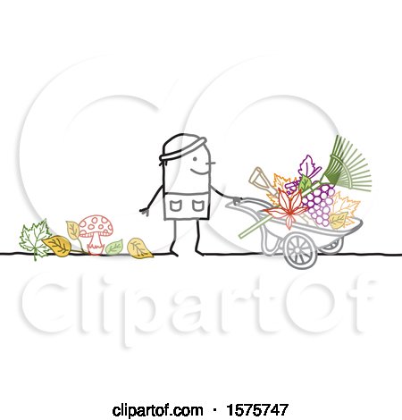 Clipart of a Stick Man Gardener with a Wheelbarrow, Mushrooms, Grapes, Leaves and Tools - Royalty Free Vector Illustration by NL shop