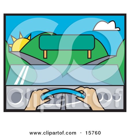 Woman's Hands On The Steering Wheel Of A Car Facing A Blank Sign And A Fork In The Road Clipart Illustration by Andy Nortnik