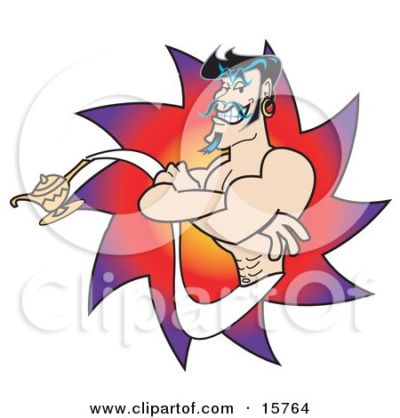 Muscular Male Genie With Black Hair, Appearing Out Of A Magic Lamp Clipart Illustration by Andy Nortnik