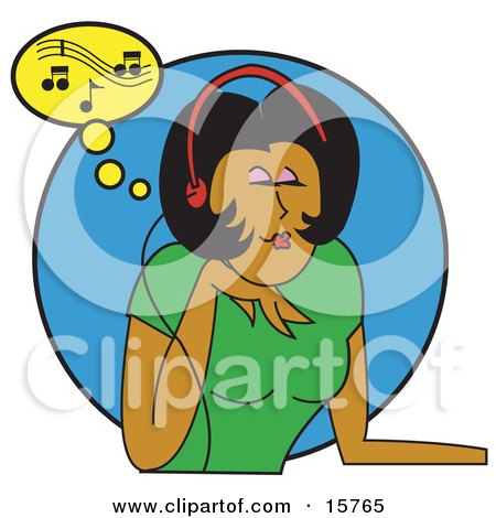 Beautiful Young African American Woman In A Green T Shirt Relaxing While Listening To Tunes Through Music Headphones Clipart Illustration by Andy Nortnik
