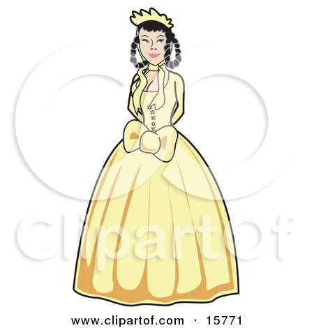 Beautiful Black Haired Woman With Her Hair In Braids, Wearing A Yellow Victorian Gown Clipart Illustration by Andy Nortnik