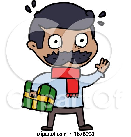 Cartoon Man with Mustache and Christmas Present by lineartestpilot