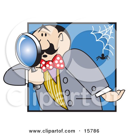 Male Inspector Peering Through A Magnifying Glass As A Spider Drops From A Web Behind Him Clipart Illustration by Andy Nortnik