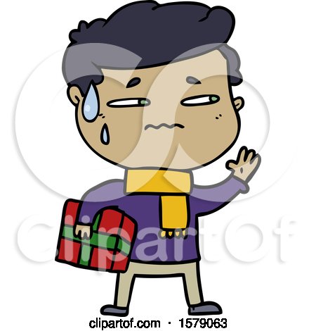 Cartoon Anxious Man with Christmas Gift by lineartestpilot