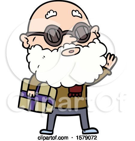 Cartoon Curious Man with Beard Sunglasses and Present by lineartestpilot