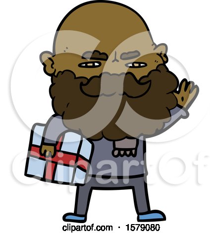 Cartoon Man with Beard Frowning with Xmas Gift by lineartestpilot