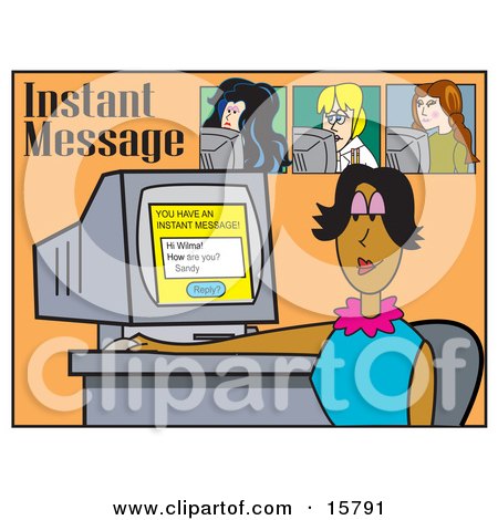 Businesswoman Seated At Her Computer Desk And Reading An Instant Message While Others Chat Online Clipart Illustration by Andy Nortnik